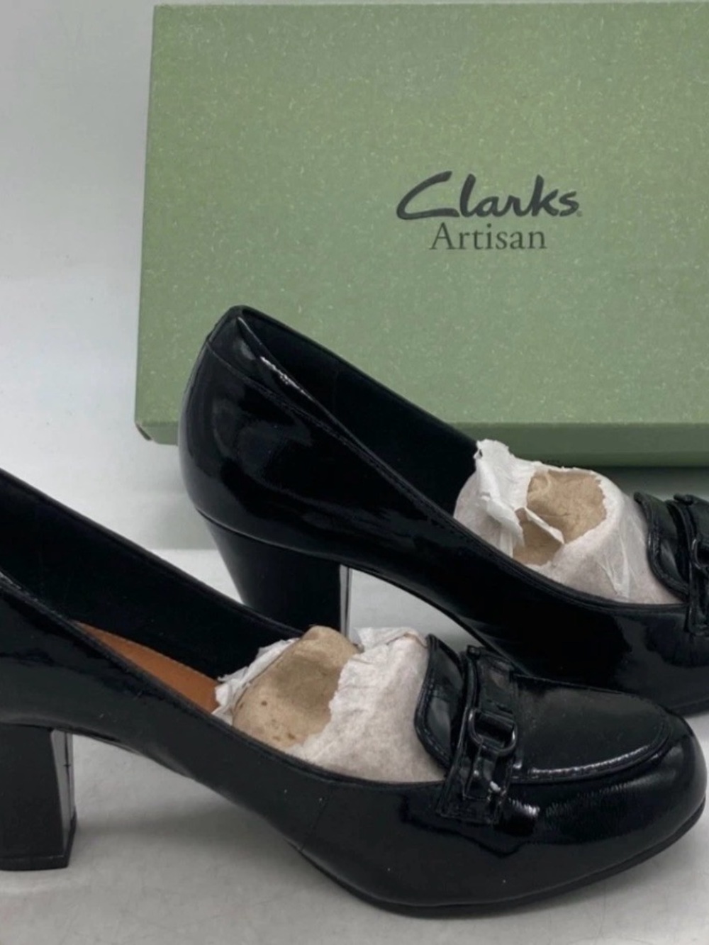 Clarks Black Patent Leather Block Heel Loafers 8.5